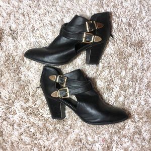 BAMBOO Black Booties with Gold Buckles